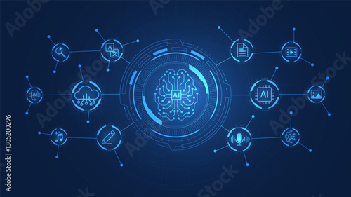 Concept of Artificial intelligence in futuristic background. AI technology for big data analytics and generate ideas. AI and Neural networks. Vector illustration.