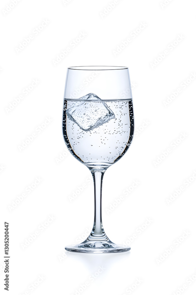 Sparkling water with ice cubes in a wine glass isolated on white Sparkling water with ice cubes in a wine glass isolated on white