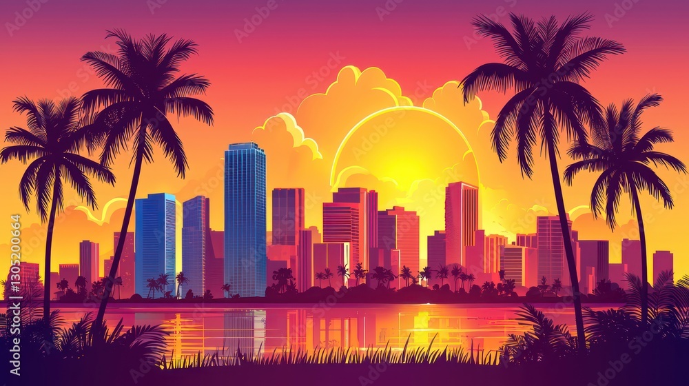 Fototapeta premium City skyline at sunset reflected in a tranquil body of water