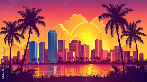 City skyline at sunset reflected in a tranquil body of water