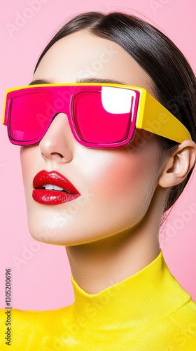 Close up portrait of a young woman with bright makeup, wearing large pink and yellow sunglasses and a yellow turtleneck top against a pink background. Glitter accents her face. 