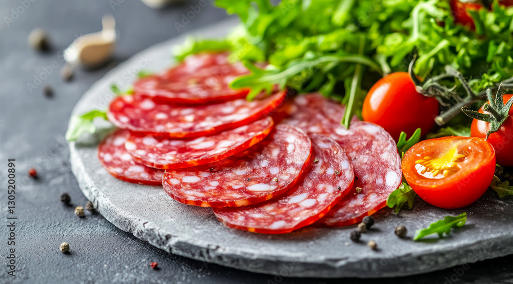 Dreamy food styling of fresh Italian salami slices served on a gray stone plate, paired with vibrant green salad and ripe tomatoes, evoking a rustic Italian dining experience Dreamy food styling of fresh Italian salami slices served on a gray stone plate, paired with vibrant green salad and ripe tomatoes, evoking a rustic Italian dining experience