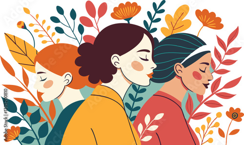 A diverse group of females portrayed with flowers in a paper cut-out style SVG . International Women's AI, Day, EPS, PNG, JPEG File.