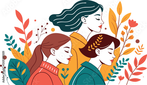 A diverse group of females portrayed with flowers in a paper cut-out style SVG . International Women's AI, Day, EPS, PNG, JPEG File.