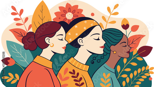 A diverse group of females portrayed with flowers in a paper cut-out style SVG . International Women's AI, Day, EPS, PNG, JPEG File.