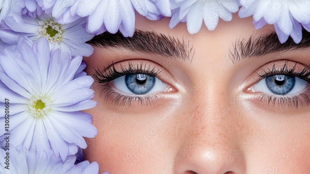 Close up of a woman's face adorned with light purple flowers, showcasing her blue eyes and defined eyebrows. Sparkly makeup adds a touch of shimmer. Close up of a woman's face adorned with light purple flowers, showcasing her blue eyes and defined eyebrows. Sparkly makeup adds a touch of shimmer.