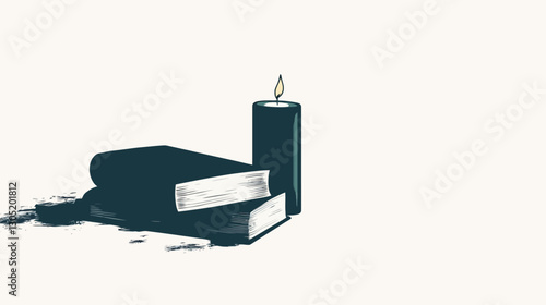 A digital illustration depicting a minimalist still life composition.  The image features two dark blue books lying slightly askew, partially overlapping. A tall, dark blue candle with a small,