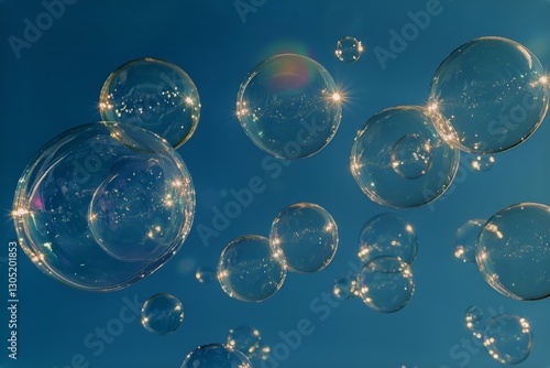 Delicate Bubbles Reflect Sunlight in a Clear Blue Sky, Creating a Magical Atm...
