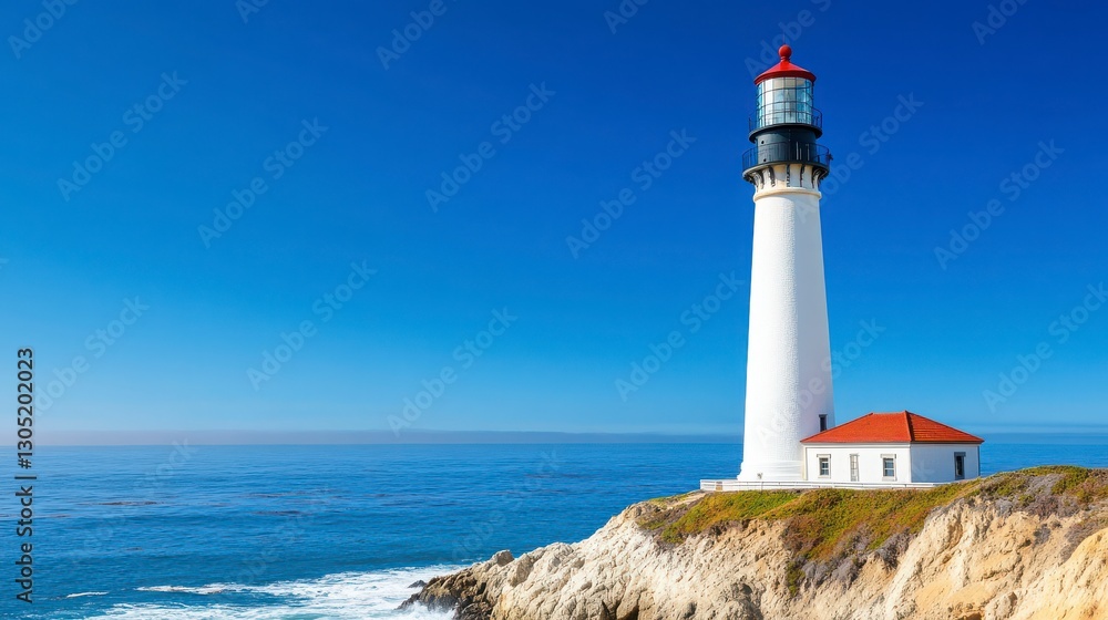 Coastal Lighthouse on Rocky Shore Under Clear Blue Sky Coastal Lighthouse on Rocky Shore Under Clear Blue Sky