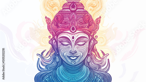 A digital illustration depicting a serene female figure, possibly a goddess, rendered in a gradient palette of pastel pinks, blues, and purples.  The figure is richly detailed with ornate headdress