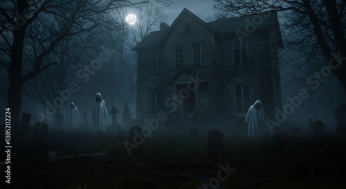 Haunted gothic mansion at night with ghostly figures in fog. Dark moonlit house with spooky spirits and bare trees silhouettes for Halloween concept and horror design background photo