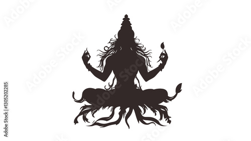 The image is a vector illustration of a dark silhouette against a white background.  The silhouette depicts a figure in a seated meditative pose, with arms raised and hands open. The figure appears