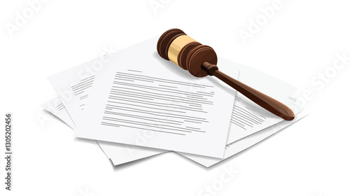 A digital illustration depicting a wooden gavel resting on a stack of papers. The gavel is dark brown with a light brown band near the top. The papers are white with illegible text printed on them.