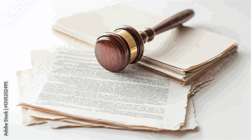 High-angle, close-up shot of a wooden gavel resting on a stack of papers. The gavel has a dark brown handle and a gold band near the head. The papers appear to be legal documents or newsprint, with