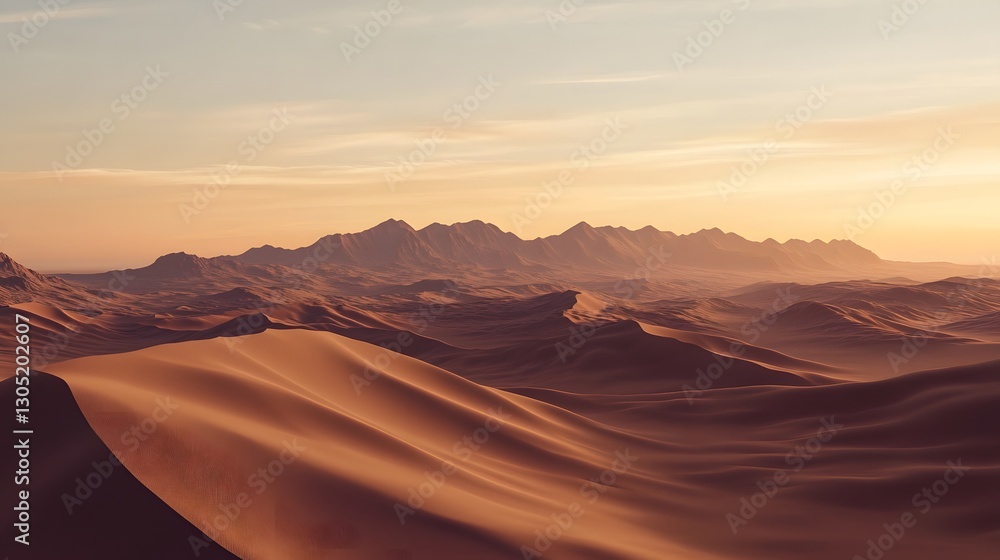 Naklejka premium Breathtaking panoramic view of a vast desert landscape with towering mountains silhouetted against a warm golden sky at sunset The endless sand dunes create a serene and tranquil atmosphere