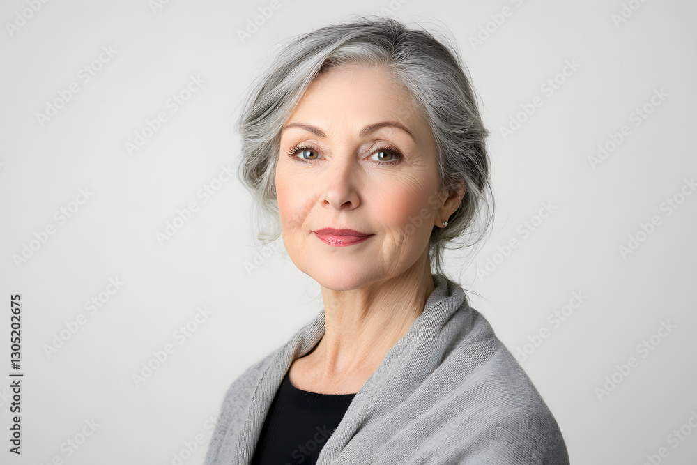 Obraz premium Happy Mature woman portrait with short grey hair isolated on white background