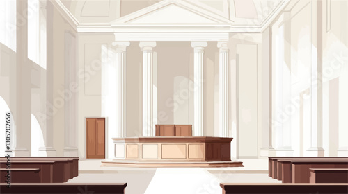 The image depicts a digitally rendered interior of a grand hall, possibly a courtroom. The style is neoclassical, featuring tall white columns and walls, a raised judge's bench made of light and
