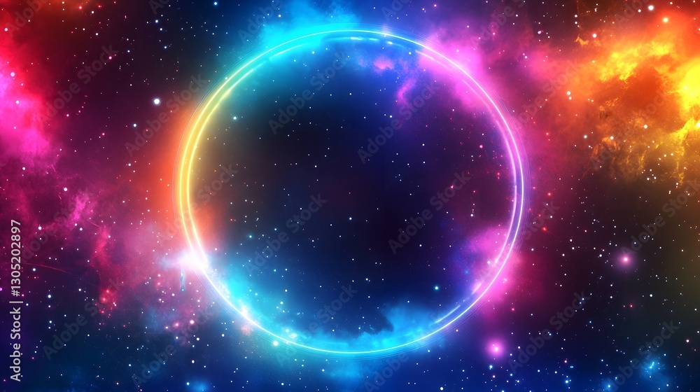 A vibrant glowing circle in a colorful starry cosmos background A vibrant glowing circle in a colorful starry cosmos background