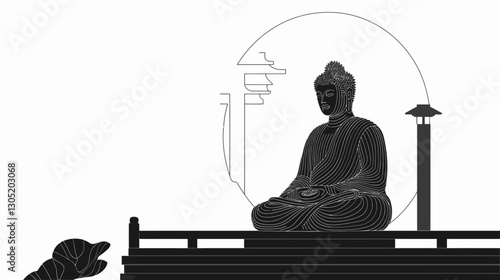 A grayscale image depicting a stylized silhouette of a Buddha statue seated in a meditative pose. The statue is positioned on a low platform or wall with minimal architectural details visible.  A