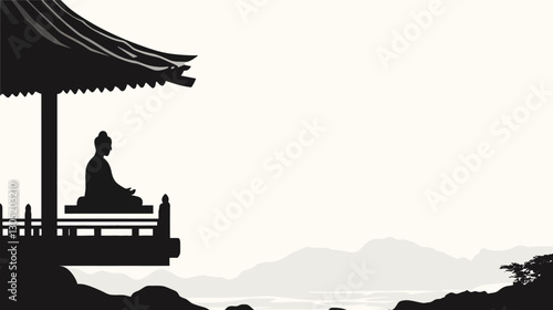 The image is a monochrome illustration depicting a silhouette of a person in a meditative pose seated on a platform under a pagoda-style structure. The figure is rendered in solid black against a
