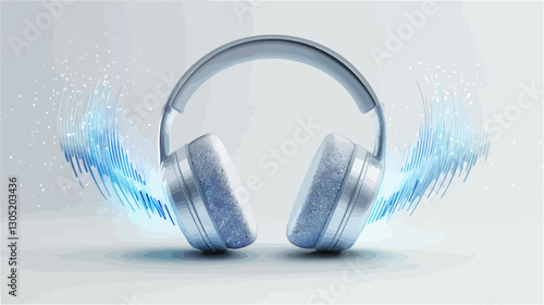 A digital rendering of a pair of light grey or silver over-ear headphones positioned centrally against a plain light grey background. Stylized blue sound waves emanate from each earcup.  The