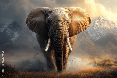 Majestic Elephant: A powerful elephant stands tall, its imposing presence against a dramatic backdrop of mountains and a stormy sky, embodying the spirit of the wild.