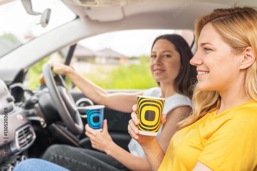 Two women are enjoying a car ride together, holding stylish takeaway coffee cups and smiling, creating a warm and friendly atmosphere.