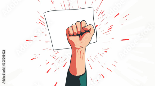 Close-up illustration of a raised fist holding a blank square sign. The fist and arm are rendered in a stylized, somewhat cartoonish manner with visible shading to suggest volume.  The background