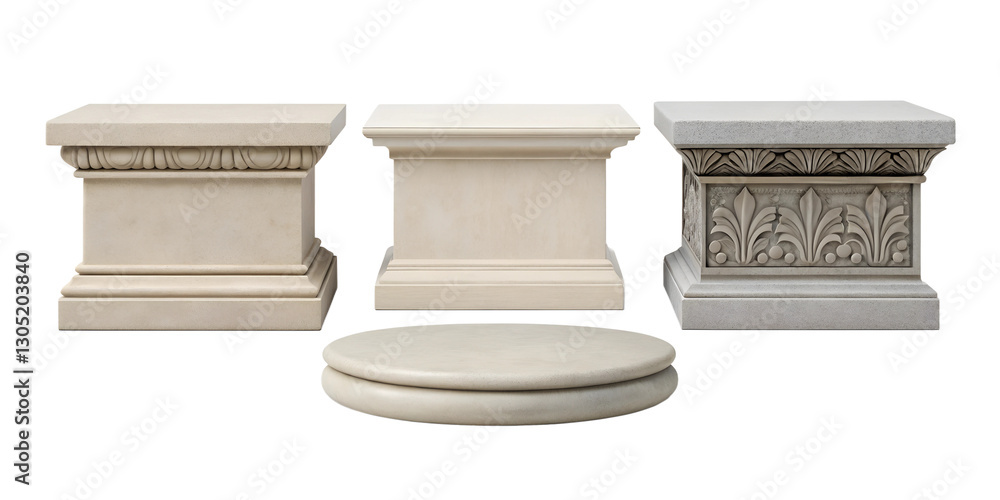 Three Distinct Stone Podiums for Display Product on White, Stylish and Minimalist Display Pedestal, PNG Transparent Three Distinct Stone Podiums for Display Product on White, Stylish and Minimalist Display Pedestal, PNG Transparent