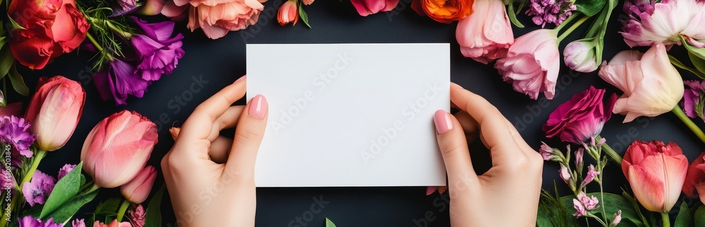 Obraz premium Floral Message: Close-up of hands delicately holding a blank card, surrounded by a vibrant array of colorful flowers.