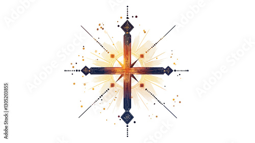 A stylized cross illustration with an ornate design. The cross is dark blue and purple, with a radiant, bright orange and yellow light emanating from its center.  The background includes small