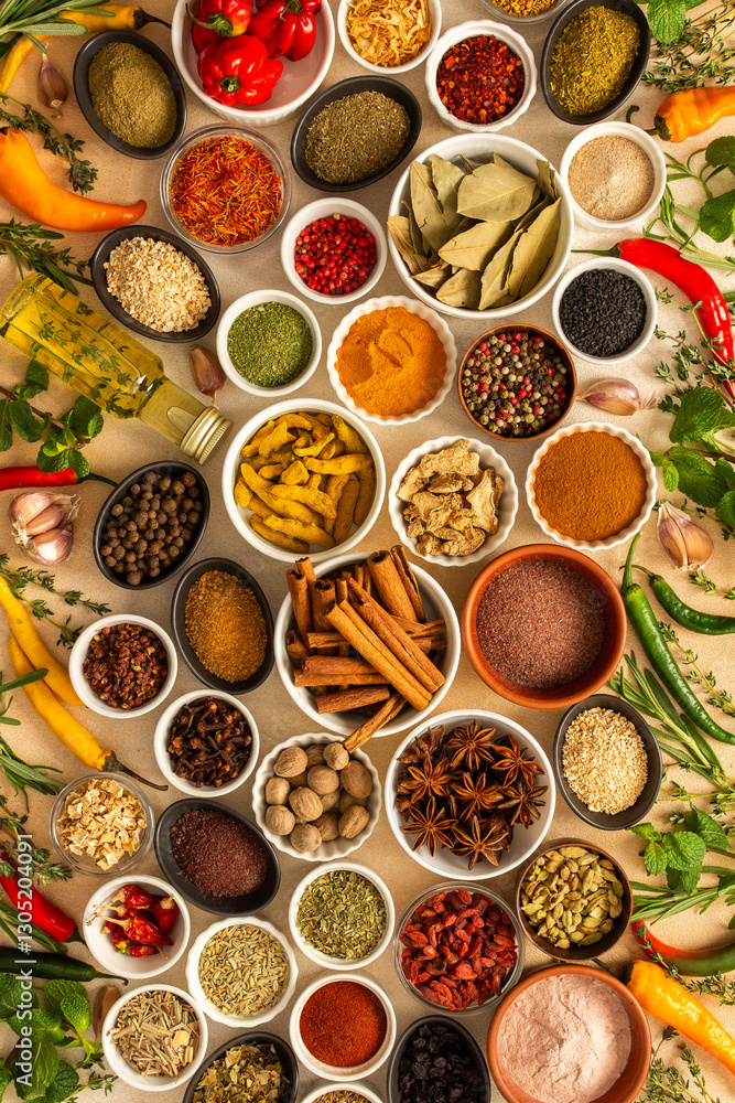 Assorted spices and herbs on a beige background, offering rich scents and vibrant colors, ideal for adding depth and warmth to any culinary creation Assorted spices and herbs on a beige background, offering rich scents and vibrant colors, ideal for adding depth and warmth to any culinary creation