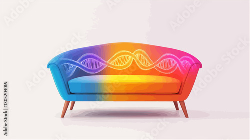 A digital illustration depicting a mid-century modern style sofa. The sofa is rendered in a gradient of blue, orange, and yellow.  A stylized DNA double helix pattern is integrated into the design,