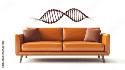 A digital rendering depicts a dark brown, three-dimensional model of a DNA double helix positioned above a light orange, two-seater sofa with two brown cushions.  The sofa is presented in a