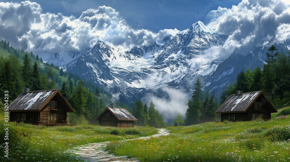 View of Rustic Cabins Among Mountains in a Serene Landscape With Clouds View of Rustic Cabins Among Mountains in a Serene Landscape With Clouds