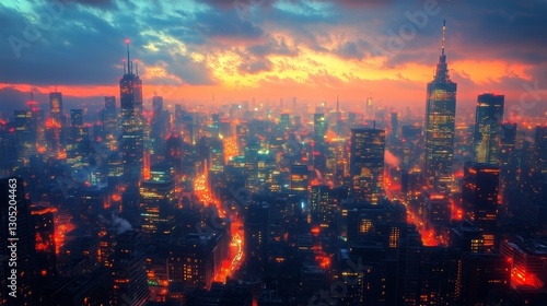Vibrant City Skyline Illuminated by Sunset Colors Over Urban Landscape With D...