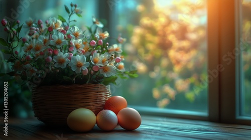 Colorful Spring Flowers in a Vase With Decorative Eggs on a Wooden Table by a...