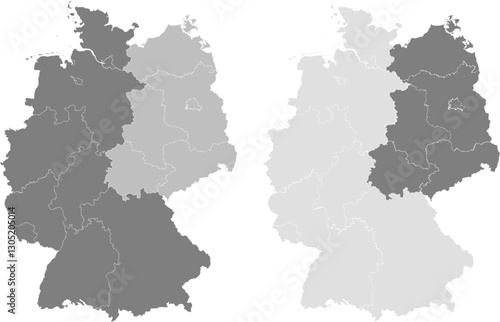 maps of germany with separated 16 federal states, east and west germany in different shades of gray