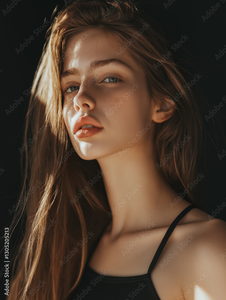 Portrait of a young woman with long, light brown hair. Warm lighting accentuates her features. Portrait of a young woman with long, light brown hair. Warm lighting accentuates her features.