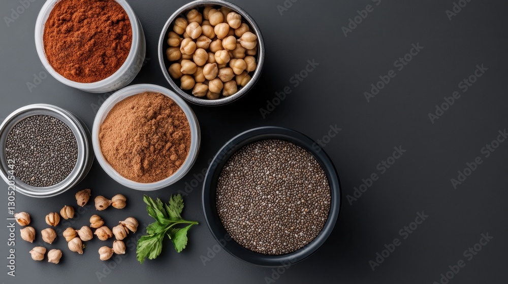 Assorted spices and seeds with chickpeas and herbs on dark background Assorted spices and seeds with chickpeas and herbs on dark background