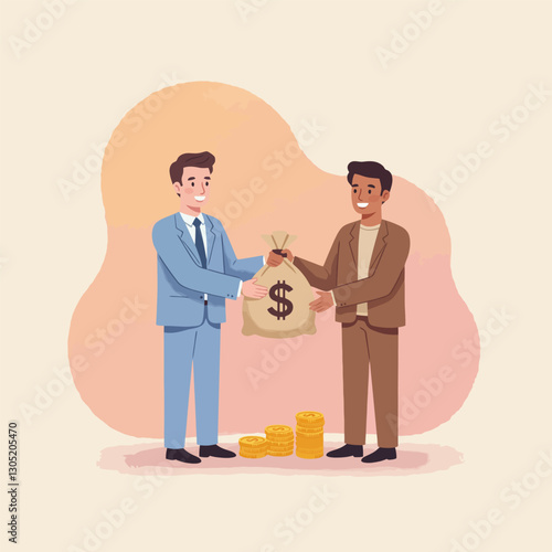 Passing Money Bag Between Two Smiling Business People in Suits