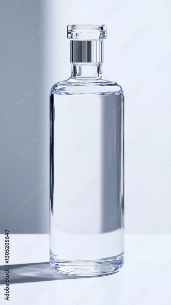Clear glass bottle with silver cap on white background, illuminated by soft light creating subtle shadows. Clean and minimalist product photography style. Clear glass bottle with silver cap on white background, illuminated by soft light creating subtle shadows. Clean and minimalist product photography style.