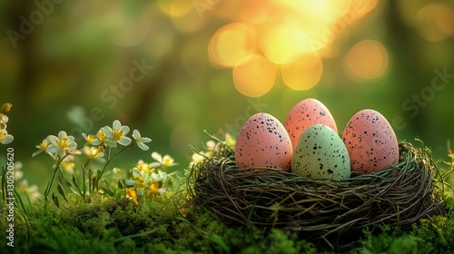 Colorful Speckled Eggs Resting in a Nest Among Wildflowers During Springtime