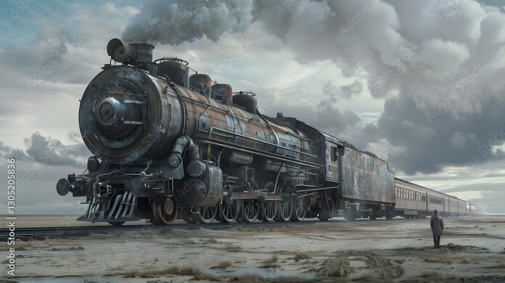 Naklejka premium Mighty Steam Locomotive in a Vast Landscape Reflecting Industrial Scale