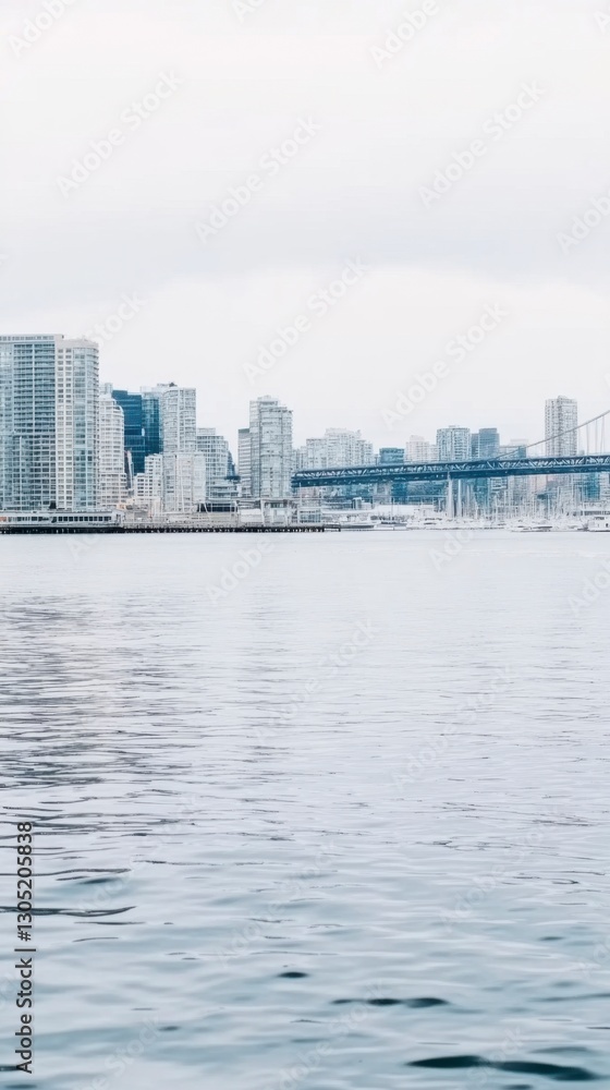 Naklejka premium City skyline viewed from the water on an overcast day. White and gray buildings line the shore, reflected subtly in the calm water. Soft, diffused light.