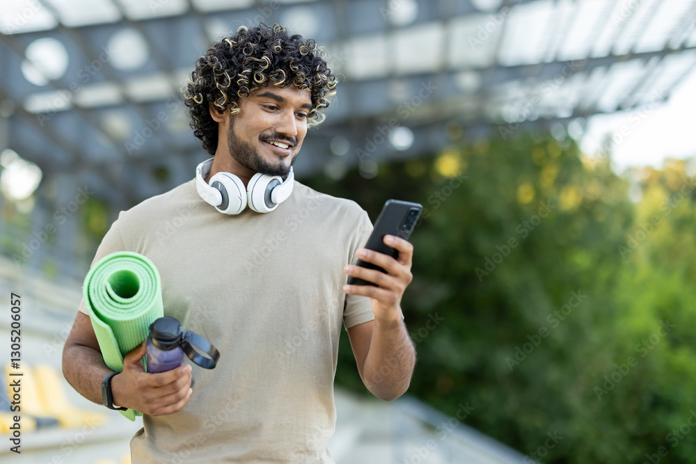 Fototapeta premium A young man uses an app on his phone, an athlete goes to training sessions with a yoga mat, smiling contentedly