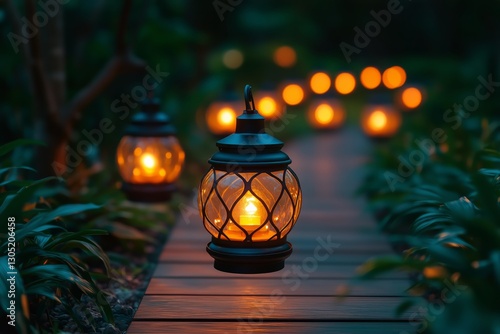 Warm Glow of Lanterns Illuminating Garden Path During Evening Stroll