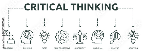 critical thinking outline banner icon of problem, thinking, facts, self corrective, judgement, rational, analysis, solution