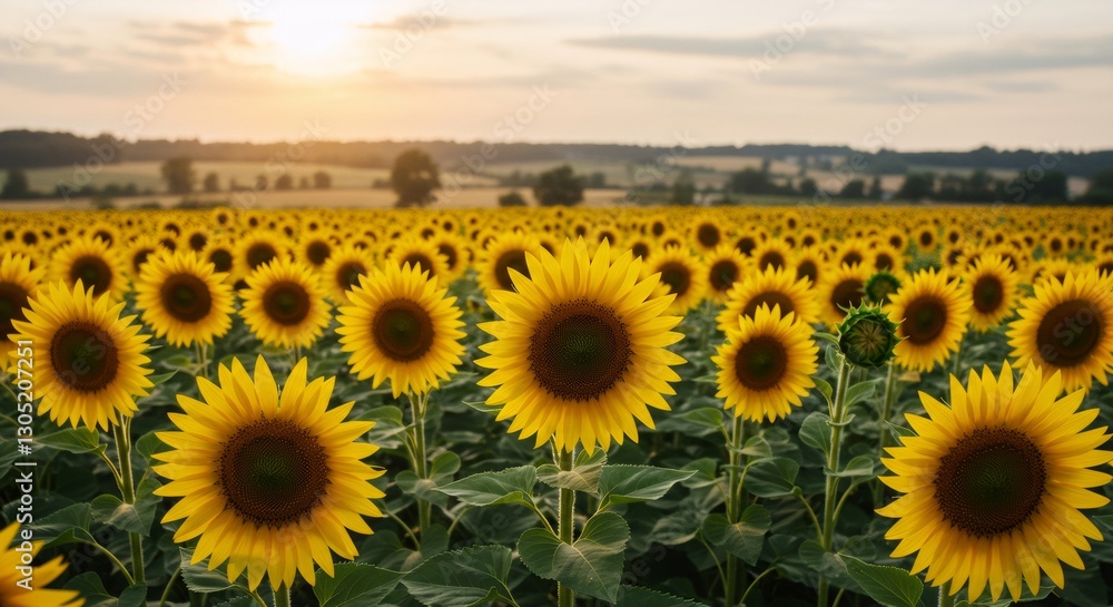 Obraz premium Beautiful sunflower field at sunset with golden light and green stems on rural farm landscape. Summer agriculture panorama. Scenic nature view with copy space