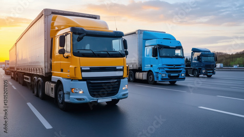 Colorful trucks on highway at sunset